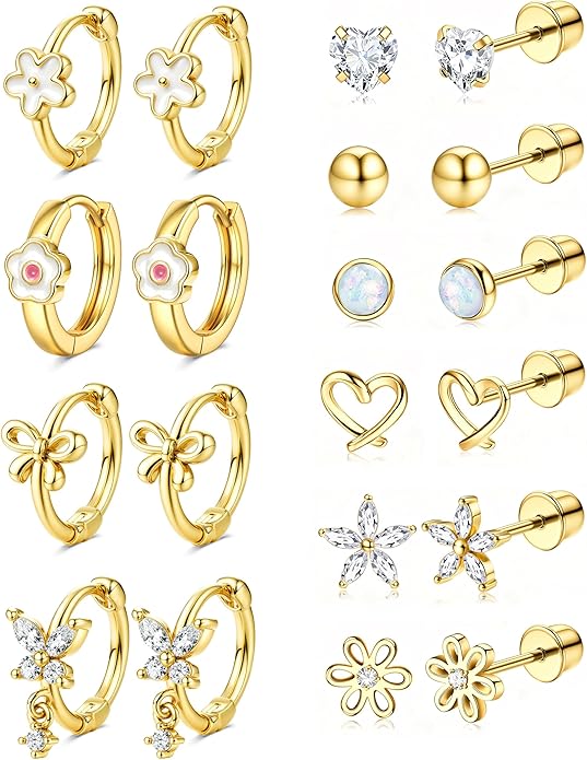 Hypoallergenic Screw Back Earrings for Girls Women - Surgical Steel 14K Gold Silver Plated Cute Toddler Little Girl Kids Earrings for Sensitive Ears Heart CZ Flower Stud Hoop Earring Sets 10 Pairs