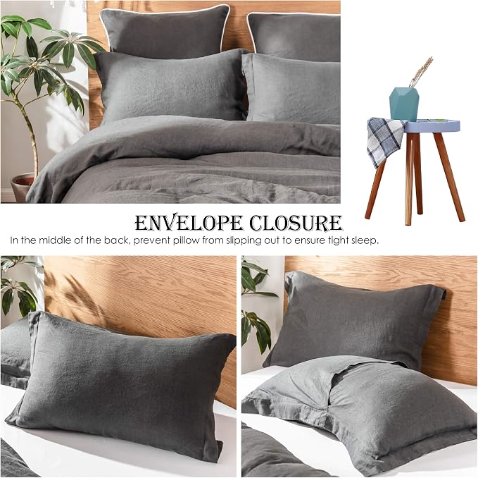 Simple&Opulence 100% Linen Duvet Cover Set 3pcs Basic Style Natural French Washed Flax Solid Color Soft Breathable Farmhouse Bedding with Button Closure - Dark Grey, Queen