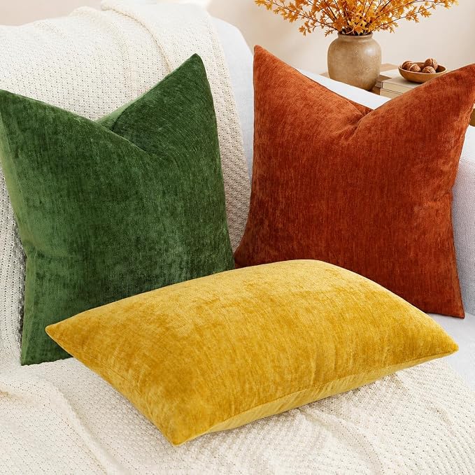 decorUhome Soft Chenille Mineral Yellow Throw Pillow Covers 24X24 Set of 2 | Decorative Fall Couch Pillow Covers Solid Dyed Accent Modern Euro Sham Farmhouse Neutral Square Pillow Cases for Sofa