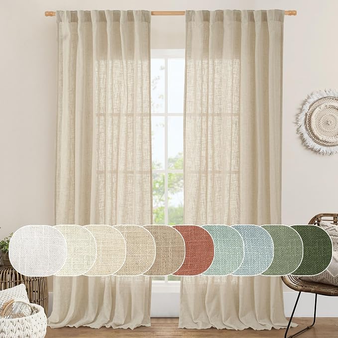 LAMIT 96 inch Linen Curtains for Bedroom, Light Filtering Semi Sheer Panels Back Tab and Rod Pocket Floor to Ceiling Curtains for Living Room, 2 Panels Set, Linen, 52 x 96 Inch