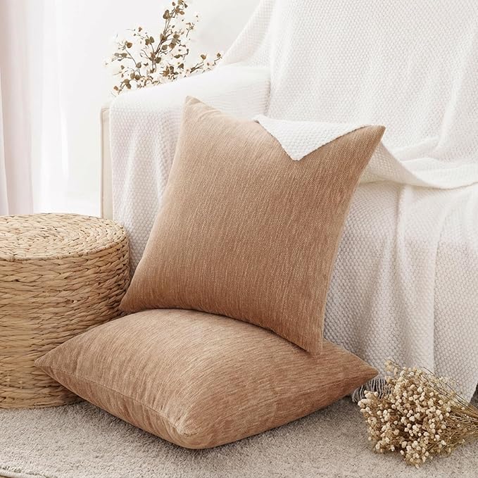 Set of 4 Brown Throw Pillow Covers 24x24 Inch, Neutral Boho Farmhouse Aesthetic Decorative Pillow Cases for Couch, Sofa, Living Room & Bed, Soft Chenille Pillow Cases, Stylish Home Decor, 60x60 cm