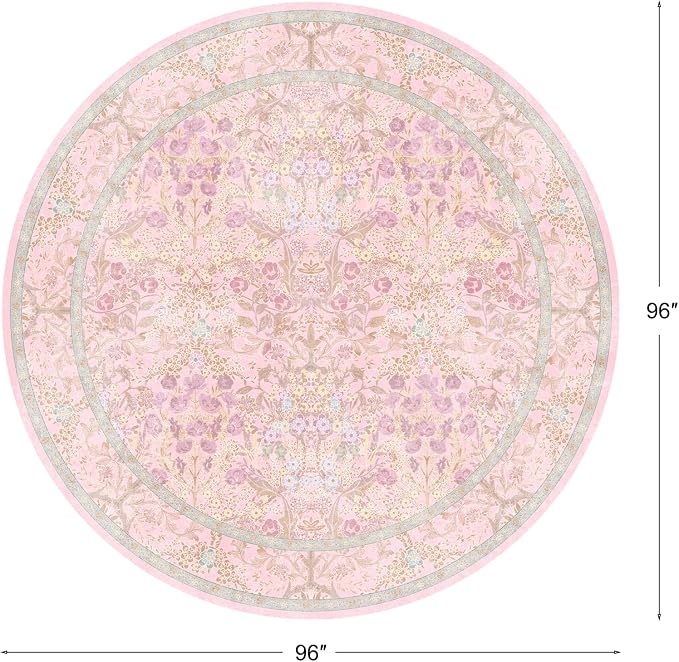 Lunasun Light Pink Large Round Rug for Living Room - 8ft Circle Area Rug for Bedroom, Kids Room, Home Office, Foyer, Non Slip Washable Botanical Floral 8 x 8 Décor