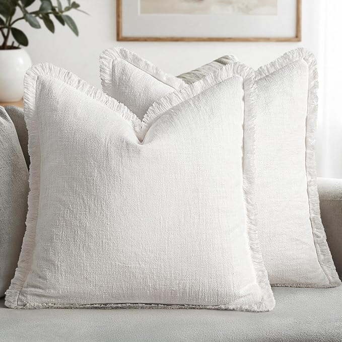 MIULEE Decorative Throw Pillow Covers Neutral Linen Fringe Throw Pillows Euro Shams Set of 2 White Boho Farmhouse Cushion Covers for Couch Sofa Bed Living Room Spring Home Decor 22x22 Inch