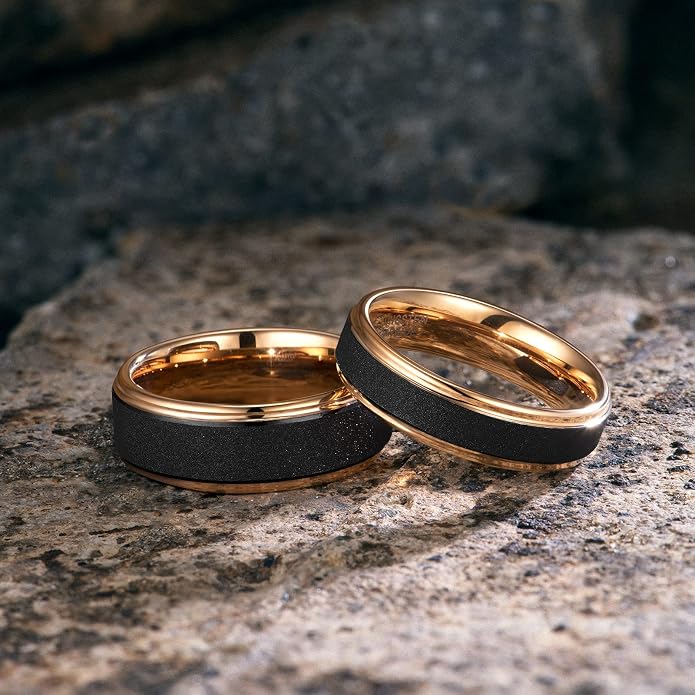 TRUMIUM 6mm 8mm Tungsten Rings for Men Women Black Wedding Band 24K Gold Plated/Rose Gold Plated Step Edges Comfort Fit Size 6-13