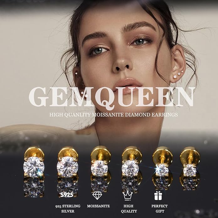 GEMQUEEN 3/4 Pairs Moissanite Earrings Studs 14K Gold Plated S925 Sterling Silver Flat Back Earring for Women Men - Hypoallergenic Set Cartilage Helix Piercing Jewelry Trendy D Color VVS1