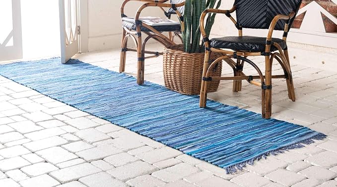 Unique Loom Chindi Cotton Collection Soft Hand Woven Natural Fiber Striped Area Rug, 2 ft 2 in x 6 ft 7 in, Navy Blue/Ivory