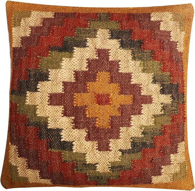 Set of 4 Geometric Wool Jute Square Throw Pillow Covers -Decorative 18 x 18 Inches Multicolour Cushion Covers Perfect for Sofa/Couch/Bed/Home/Outdoor/Car (Multicolour - 04)