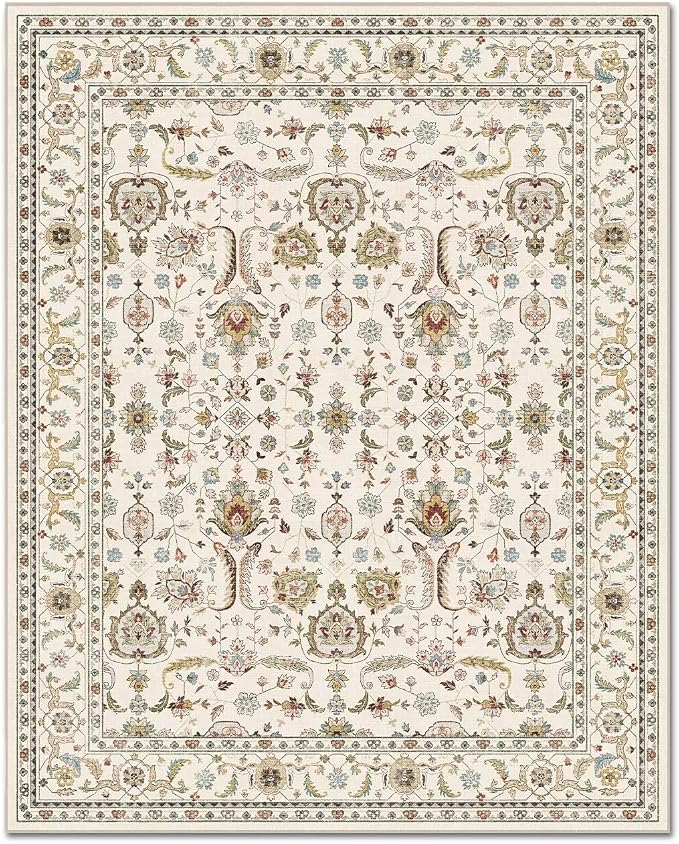 Boho Washable 9x12 Area Rugs for Living Room, Cushioned, Beige | Vintage Non-slip Neutral Oriental Rugs for Bedroom Dining Room Nursery Office High Traffic Area