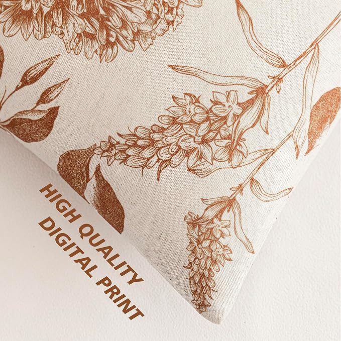 Foindtower Set of 2 Linen Floral Throw Pillow Covers Vintage Accent Print Decorative Cozy Cushion Covers Farmhouse Boho Home Decor for Sofa Chair Couch Bedroom Living Room,24×24 Inch,Autumn Orange