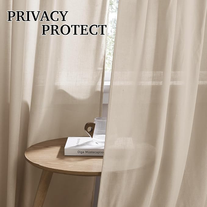RYB HOME Linen Sheer Curtains 90 inches Long 2 Panels Set,Natural Lightweight Light Filtering Half Privacy Gauze Curtains Cortina for Living Room Bedroom, W 52 x L 90, Taupe