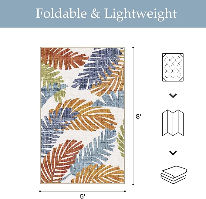 GENIMO 5x8 Outdoor Rug, Washable for Patio and Deck, Leaf Tropical Rust | Botanical leaf design for porch; fade resistant chenille with quick-dry non-slip backing for indoor sunroom.