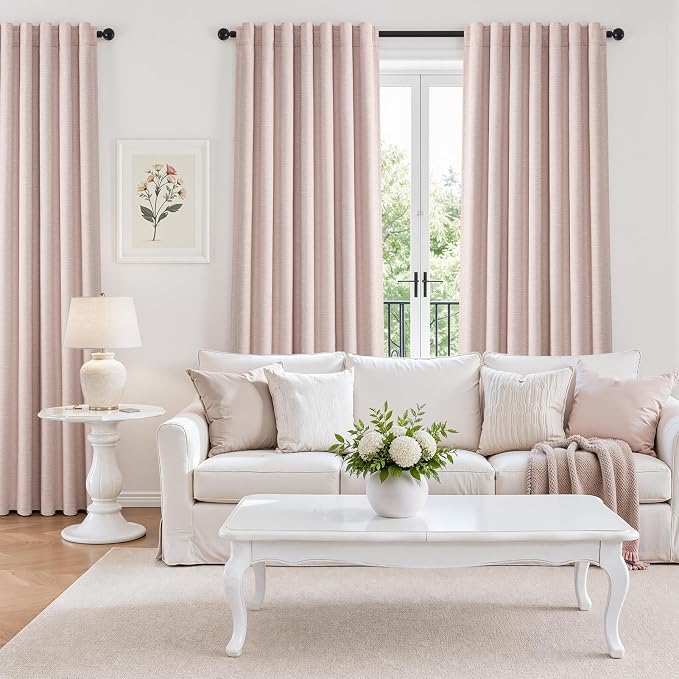 Topfinel Soft Pink 100% Blackout Curtains Linen Blended Room Darkening Curtain Panels 95 inch for Living Room Bedroom Thermal Insulated Back Tab Drapes with Hooks Rings 8FT 52Wx95L 2 Panels
