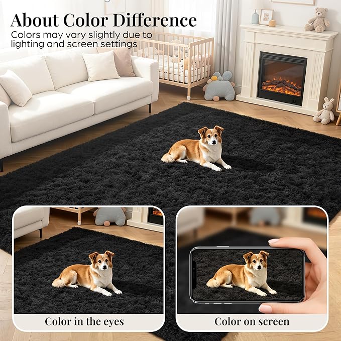 Area Rug for Living Room Bedroom: 4x6 Black Soft Fluffy Shag Upgrade Non-Slip High Pile Carpet Large Fuzzy Plush Indoor Floor Decor Shaggy Rug for Kid Boys Girls Dorms Playroom Nursery Modern Home