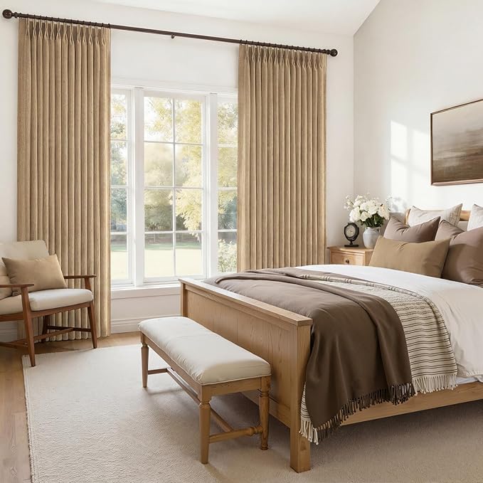 Rust Brown Pleated Flax Linen 102 Inch Extra Long Curtains for Sliding Glass Doors, Memory Shape Pinch Pleat Light Filtering Semi Sheer Country Window Drapes Bedroom Privacy Viral Curtain 2 Panels Set