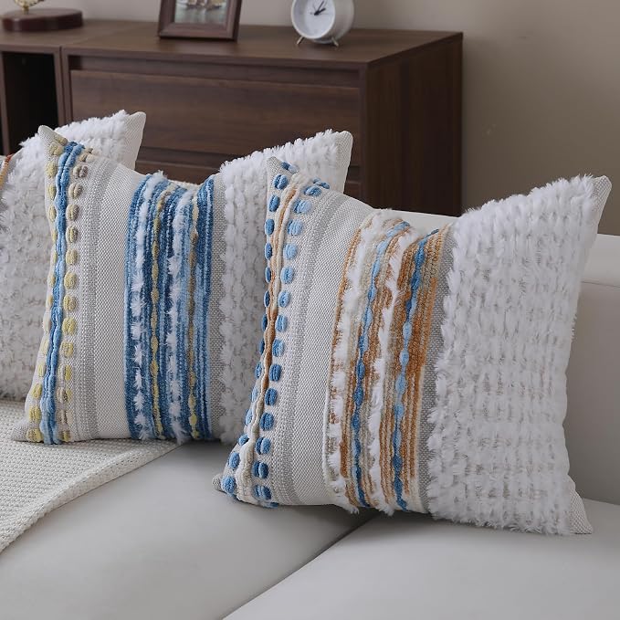 Boho Throw pillow covers 18x18 set of 2 farmhouse decorative Couch pillow covers neutral Accent throw pillows covers striped outdoor cushion covers square textured chenille pillow cases for sofa bed