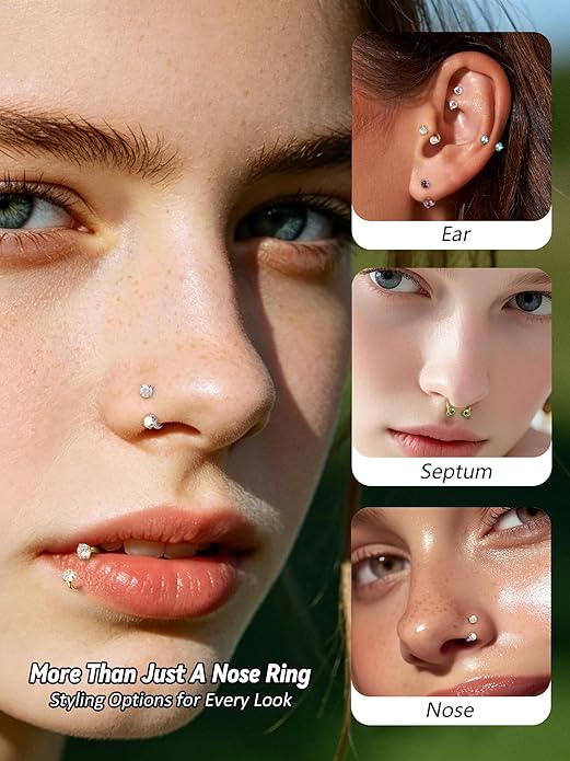 Oveta 18G Horseshoe Nose Rings for Women, 16G 20G Surgical Steel Nose Ring Hoop 6/8/10/12mm, Internally Threaded Tragus Cartilage Helix Earrings Silver/Gold, 3mm CZ