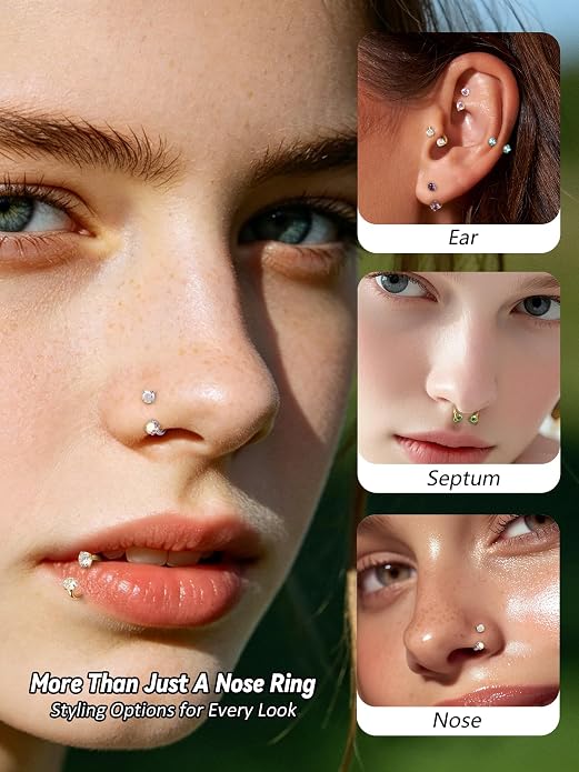Oveta 18G Horseshoe Nose Rings for Women, 16G 20G Surgical Steel Nose Ring Hoop 6/8/10/12mm, Internally Threaded Tragus Cartilage Helix Earrings Silver/Gold, 3mm CZ