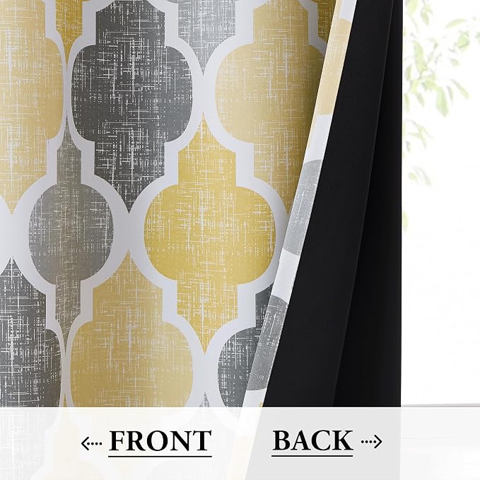 Beauoop Moroccan 100% Blackout Curtains Bedroom Yellow Grey 50x84 2 Panels | Geometric Room Darkening Drapes for Living Room 84 Inch Long Thermal Insulated Soundproof Lattice Window Treatment Grommet