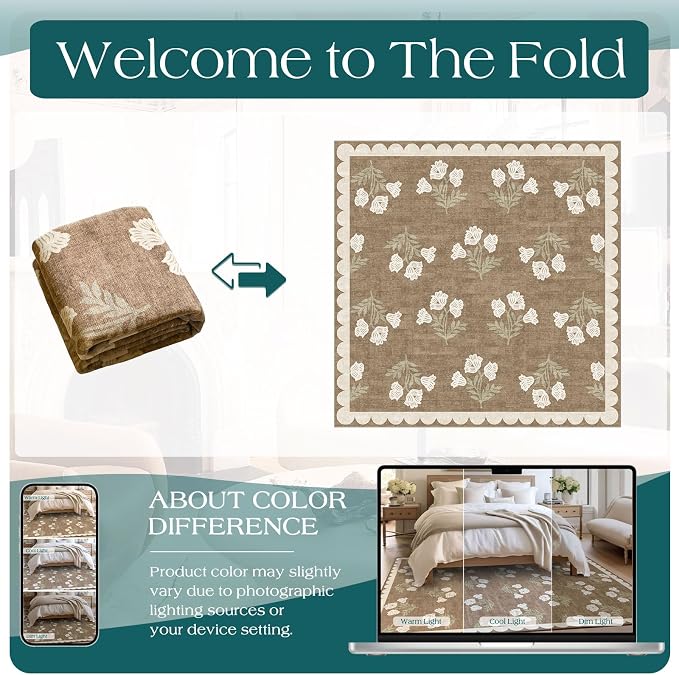 Tan Square Rugs 6ft - Soft Washable Boho Farmhouse Living Room Rug 6x6 Stain Resistant Dining Room Rugs for Under Table Cottage Floral Scalloped Area Rug for Bedroom Nursery Twin Beds Room