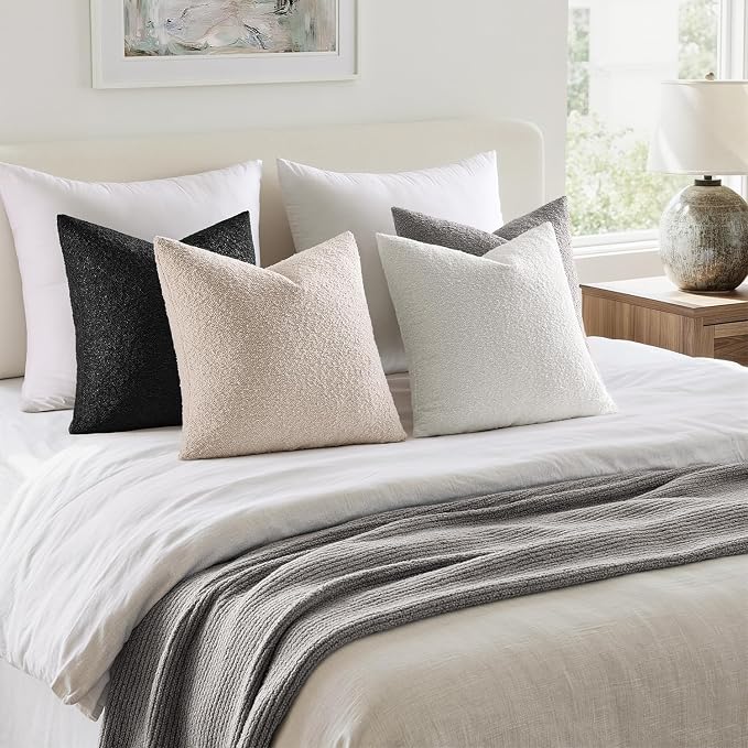 MIULEE Decorative Boucle Throw Pillow Covers 20x20 Black White Set of 4 | Textured Accent Pillow Cases Soft Couch Cushion Covers for Modern Farmhouse Boho Sofa Bed Livingroom Home Decor