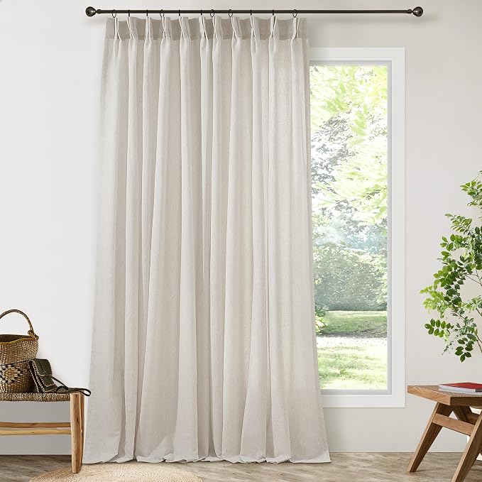 Pinch Pleat Linen 100 Inch Wide Curtains 90 Inches Long Oatmeal | Greige, Boho Farmhouse, Pleated Curtain, for Living Dining Room Patio Sliding Door Large Window, Light Filtering Sheer Drape