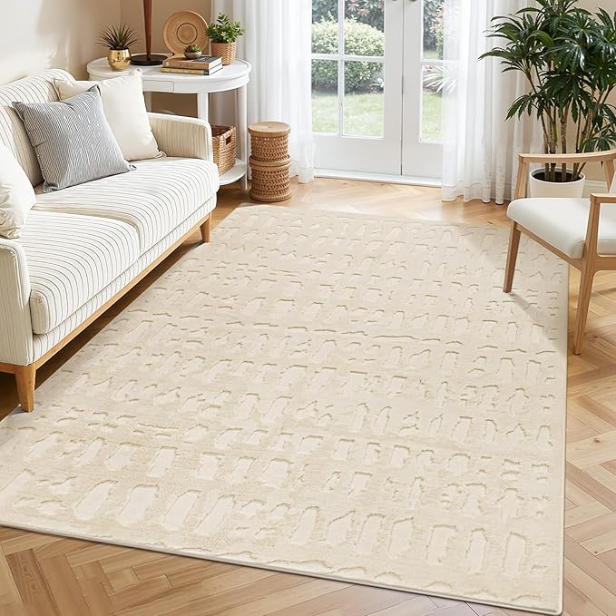 Yamaziot 4x6 Washable Area Rug, High-Low Grid Textured Living Room Rugs, Soft Fluffy Non-Slip Mats Stain Resistant Contemporary Boho Carpet for Dining Room, Kids Nursery Room, Bedroom, Office