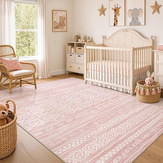 Nakagishi Area Rug Living Room Rugs: 8x10 Large Soft Machine Washable Boho Moroccan FarmNeutral Stain Resistant Indoor Floor Carpet for Bedroom Under Dining Table Home Office Decor-Pink