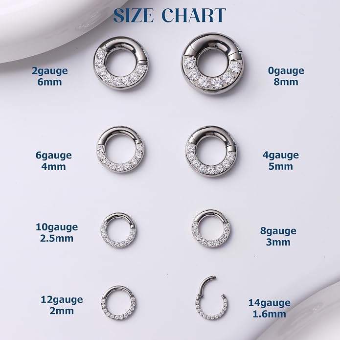 BodyBonita G23 Titanium 0G 2G 4G 6G 8G 10G 12G 14G CZ Septum Rings PA Nose Hoops Clicker Ear Weights for Stretched Ear Piercing Jewelry 10mm 12mm Silver/Gold/Black