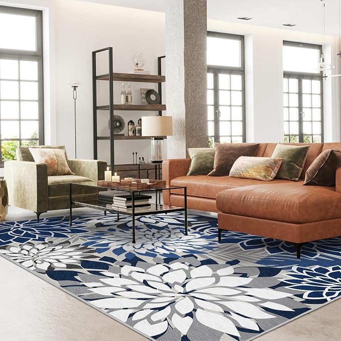 9x12 Outdoor Area Rug Washable Multicolored Patio Rug Tropical Botanical Floral Chenille Waterproof Outdoor Carpet Non-Slip for Deck, Backyard, Porch, Blue