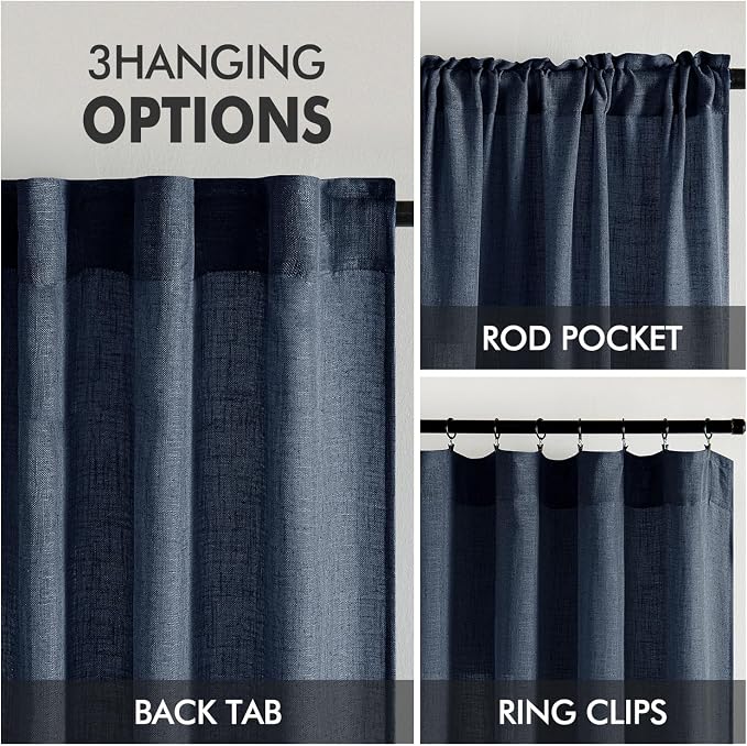 MIULEE Navy Blue Short Linen Curtains 45 Inch Length 2 Panels for Bedroom Bathroom, Soft Thick Linen Textured Natural Kitchen Window Drapes Semi Sheer Light Filtering Back Tab Burlap Look Decor