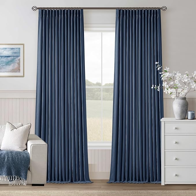 Indigo Navy Pleated Linen Blackout Curtains 90 Inches Long for Bedroom | 100% Black Out Thermal Insulated, Pinch Pleat with Ring Hooks Back Tab, Room Darkening Drapes with Liner, for Living Room