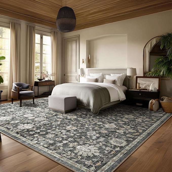 Washable Rugs for Living Room: 9x12 Area Rugs for Bedroom Ultra Soft Non-Slip Stain Resistant Vintage Boho Large Carpet for High-Traffic Dining Room - Farmhouse Decor