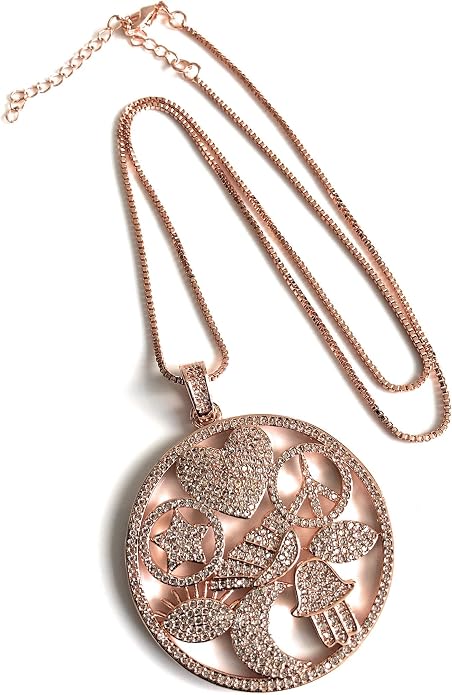 SIFRIMANIA Large Symbol Charm Necklace 18K Rose Gold Plated 18–20 Inch Adjustable Box Chain Round CZ Statement Pendant