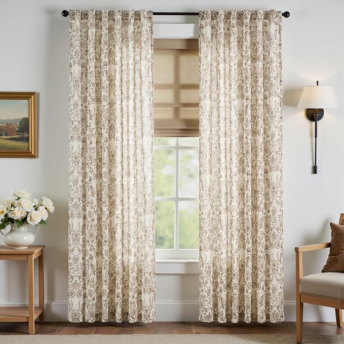 jinchan Linen Floral Curtains for Living Room with Printed Flower 90 Inches Long Light Filtering Farmhouse Window Treatment Vintage Drapes Back Tab Rod Pocket 2 Panels Taupe on Beige