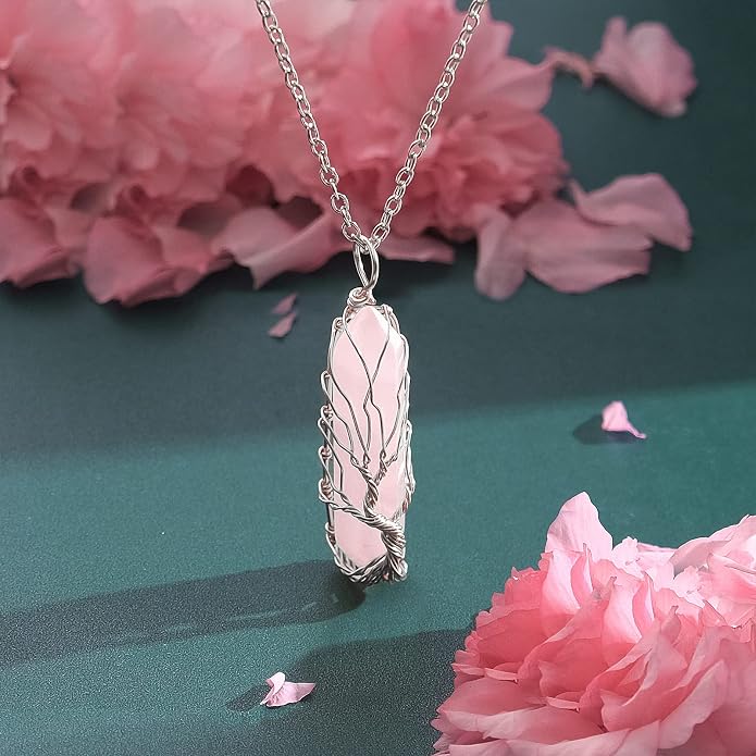 VIBILIA Healing Crystal Necklace Tree of Life Wire Wrapped Natural Stone Point Pendant Necklace Hexagonal Reiki Spiritual Quartz Gemstone Jewelry for Women Men