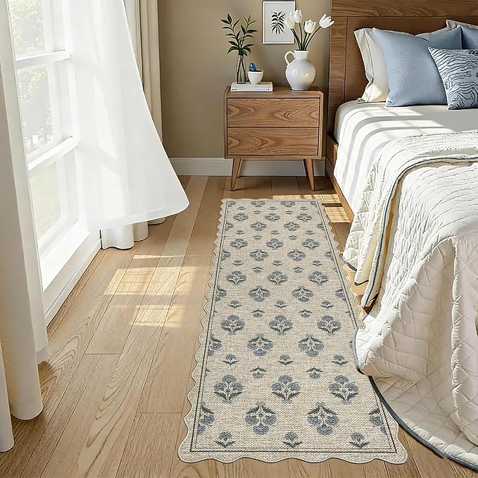 ORTIGIA Scalloped Easy Jute 2x6 Kitchen Runner Rug Vintage Blue Block Floral Farmhouse Washable Rug Non-Slip Outdoor Carpet for Entryway Indoor Hallway Patio Laundry Room