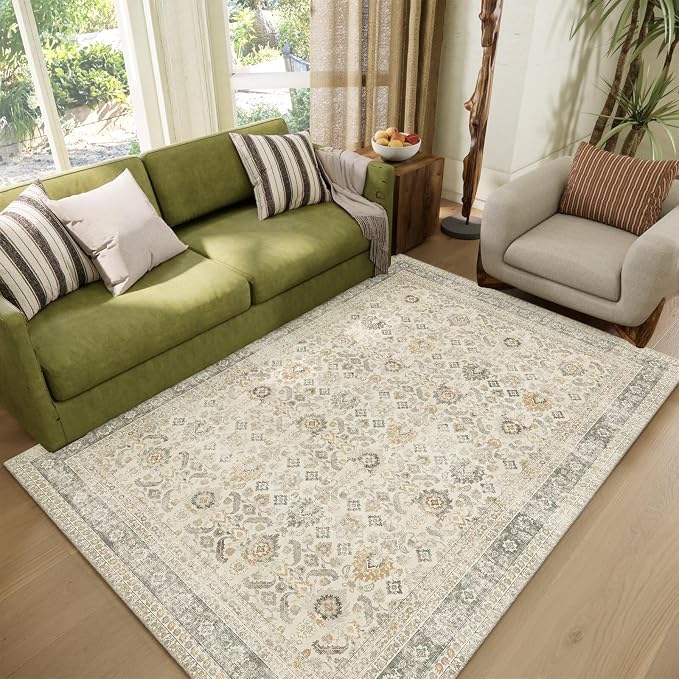 Washable 4x6 Rugs, Boho Vintage Non-Slip Distress Rugs, Beige/Grey | 0.3" Neutral Throw Rugs for Bedroom Kitchen Nursery Living Room, Cushioned Area Rug for High-traffic