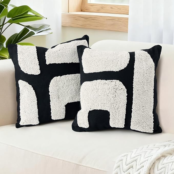 LandIdyll 2 Pcs Black and Cream Chunky Tufted Pillow Covers 18 x 18 Inch Boho Black and White Throw Pillow Covers Set Decorative Modern Abstract Geometric Pillowcase for Living Room Bed Couch Sofa