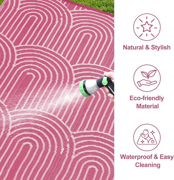 Lahome Deck Rugs Outdoor Waterproof 6x9 Patio Outside Rug, Plastic Straw Rug Reversible Rv Mat,Large Porch Floor Area Rug,Portable Camping Carpet for Balcony Tent (Rainbow Pink, 6'x9')