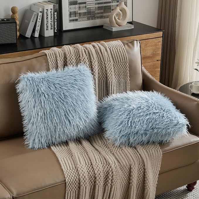 FUTEI Pack of 2 Shaggy Mongolian Faux Wool Throw Pillow Covers 18x18 Inch Soft Fluffy Farmhouse Decorative Cushion Case for Couch Bed Living Room, Dusty Blue