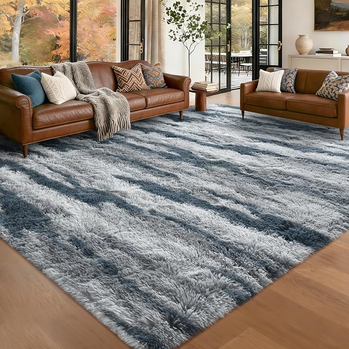 Large Shaggy 6x9 Area Rugs for Living Room Decor, Non-Slip Tie-Dyed Rugs for Bedroom Kids Playroom Dorm Room, High Pile Ultra Soft Carpet, Blue