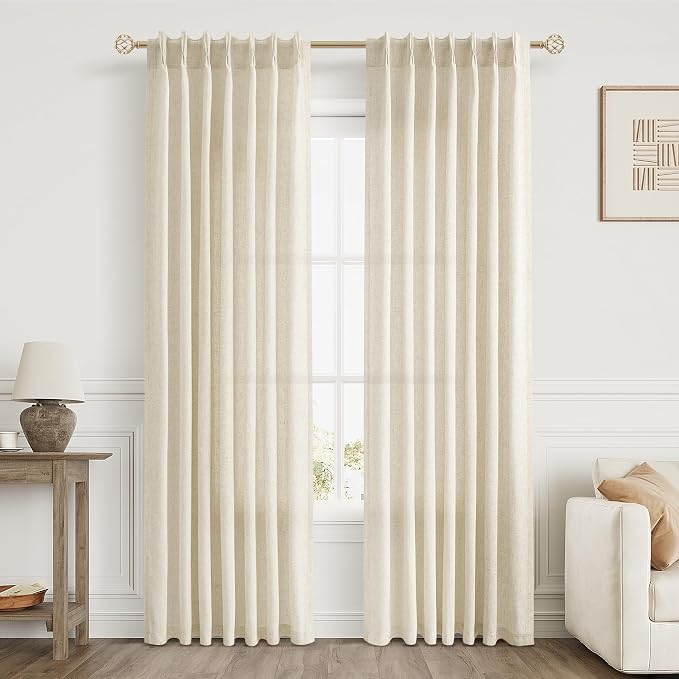Aersas Beige Pinch Pleated Linen Curtains 84 Inch Length 2 Panels for Living Room Bedroom Cream Semi Sheer Window Curtain Boho Neutral Back Tab Pinch Pleat Drape with Hooks 84 Inches Long