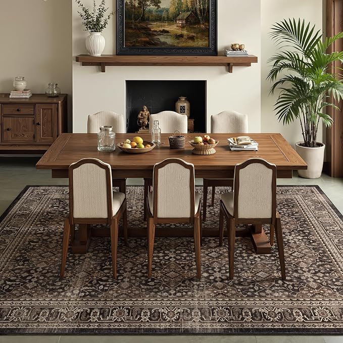 Dark Wood 8x10 Area Rug for Living Room, Vintage Farmhouse Bedroom Rug with Moroccan Floral Trellis Pattern, Non Slip Washable Low Pile Thin Carpet Rug for Dining Room/Home Office, Brown Black