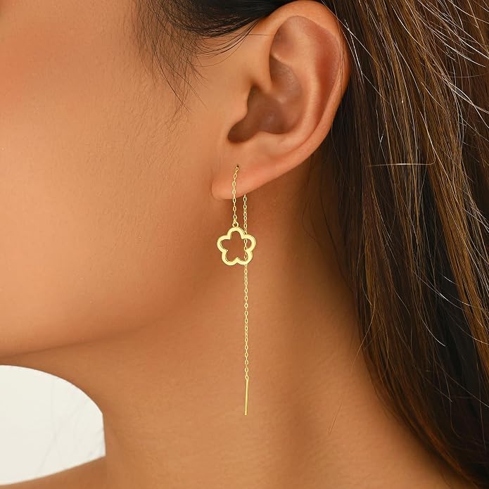 Flower Threader Drop Earrings for Women, 925 Sterling Silver Dainty Hollow Floral Dangle Earrings to Daughter Mother 14k Gold Plated Flowers Long Tassel Chain Earring Birthday Wedding Jewelry Gift