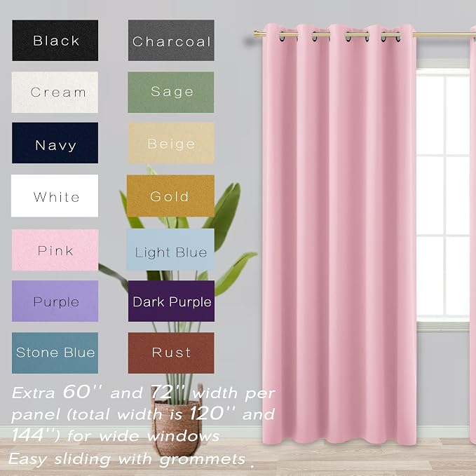 Pink Curtains 63 Inch Length for Baby Girls Nursery Decor,2 Panel Sets Pair Thick Room Darkening Heat Light Blocking Grommet Thermal Insulated Blackout Curtain for Bedroom Girls 72x63 Inches Long