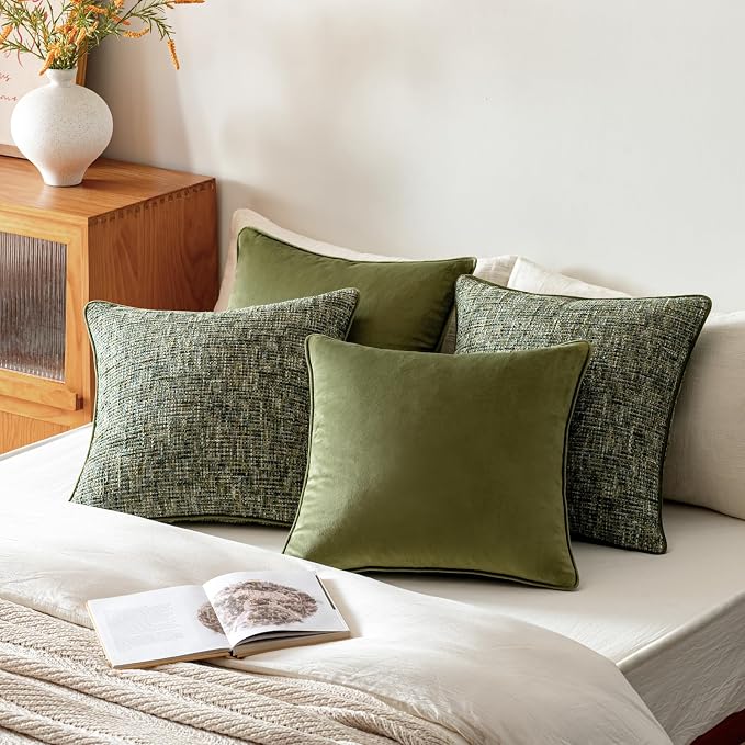 a moment Dark Green 4 Pack Throw Pillow Covers - Chenille & Velvet Set with Piping, Farmhouse Textured Design Cushion Cases for Couch Sofa Bed (18x18 Inch, No Insert)