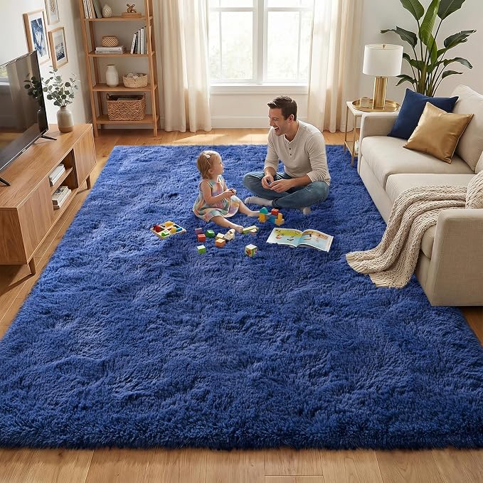 Fluffy Rugs for Living Room: Dusty Blue Soft Shag Rug for Bedroom, Large Fuzzy Plush Indoor Carpet Non Slip Modern Rug for Nursery Kids Room Dorms Office Home Decor, 7x10 Feet