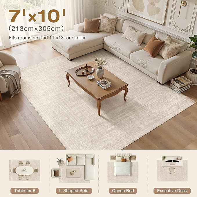 Nakagishi 7x10 Area Rugs Living Room: Washable Large Vintage Rug Neutral Non-Slip Soft Stain Resistant Indoor Carpet for Bedroom Nursery Dining Room Office Playroom - Beige