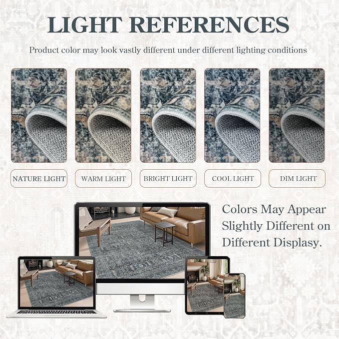 Collive Washable Area Rug 6x9, Large Vintgae Distressed Rugs for Living Room Soft Rugs for Bedroom, Non Slip Ultra-Thin Dining Room Floor Carpet for Entryway Kitchen Office - Blue/Grey