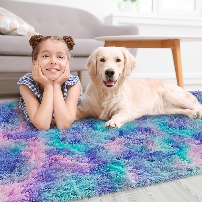 Purple Rainbow Rug for Girls Bedroom Bedside Runner 3x10 Ft, Soft Fluffy Rugs for Kids Room Shag Carpet for Living Room Playroom Nursery Dorm Stitch Bedroom Decor Colorful Kawaii